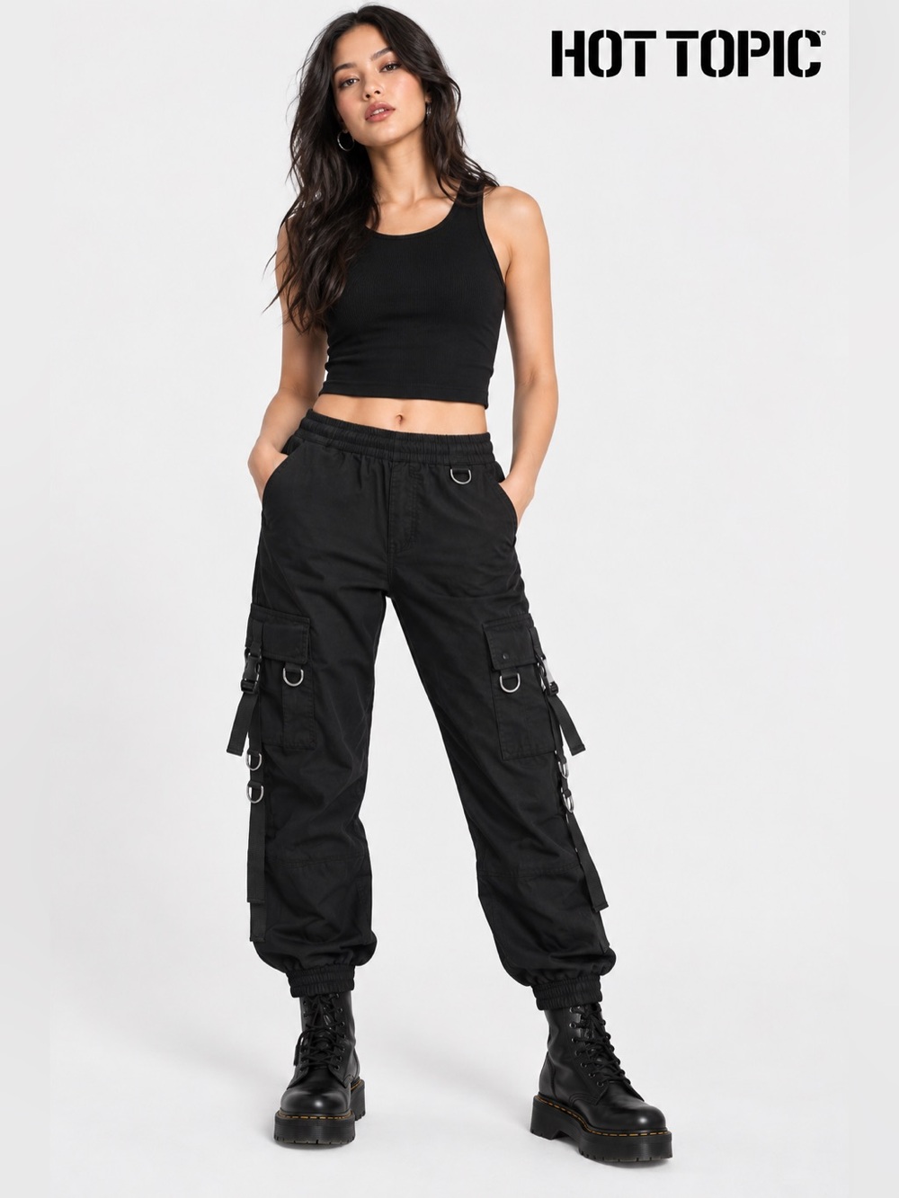 Hot Topic Black Chains Tech Straps Cargo Jogger Pants NWT M Cyberpunk Goth